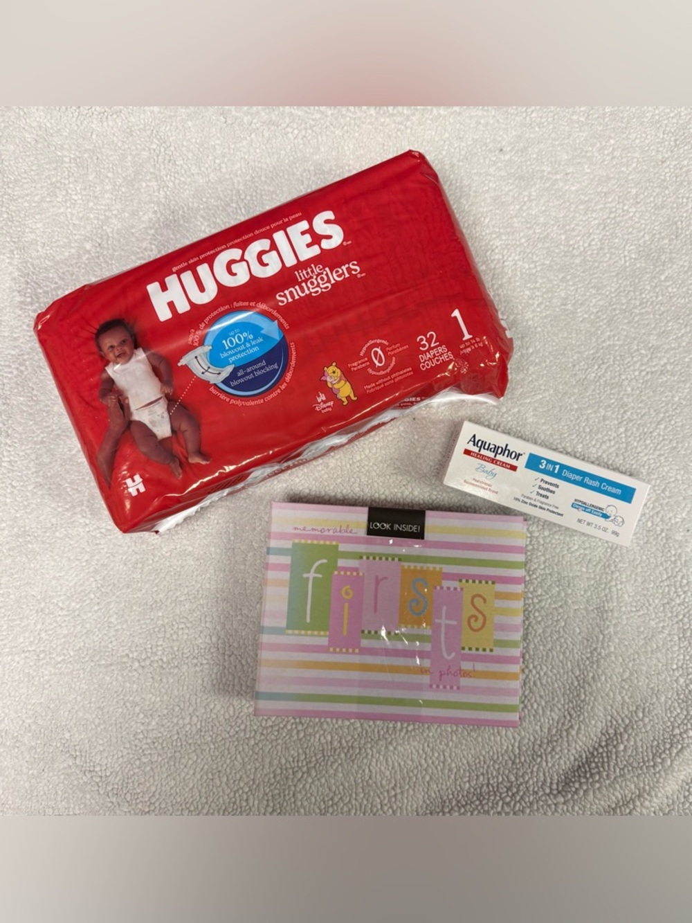 Baby Firsts Photo Album Bundle with Huggies Diapers + Aquaphor Diaper Cream
